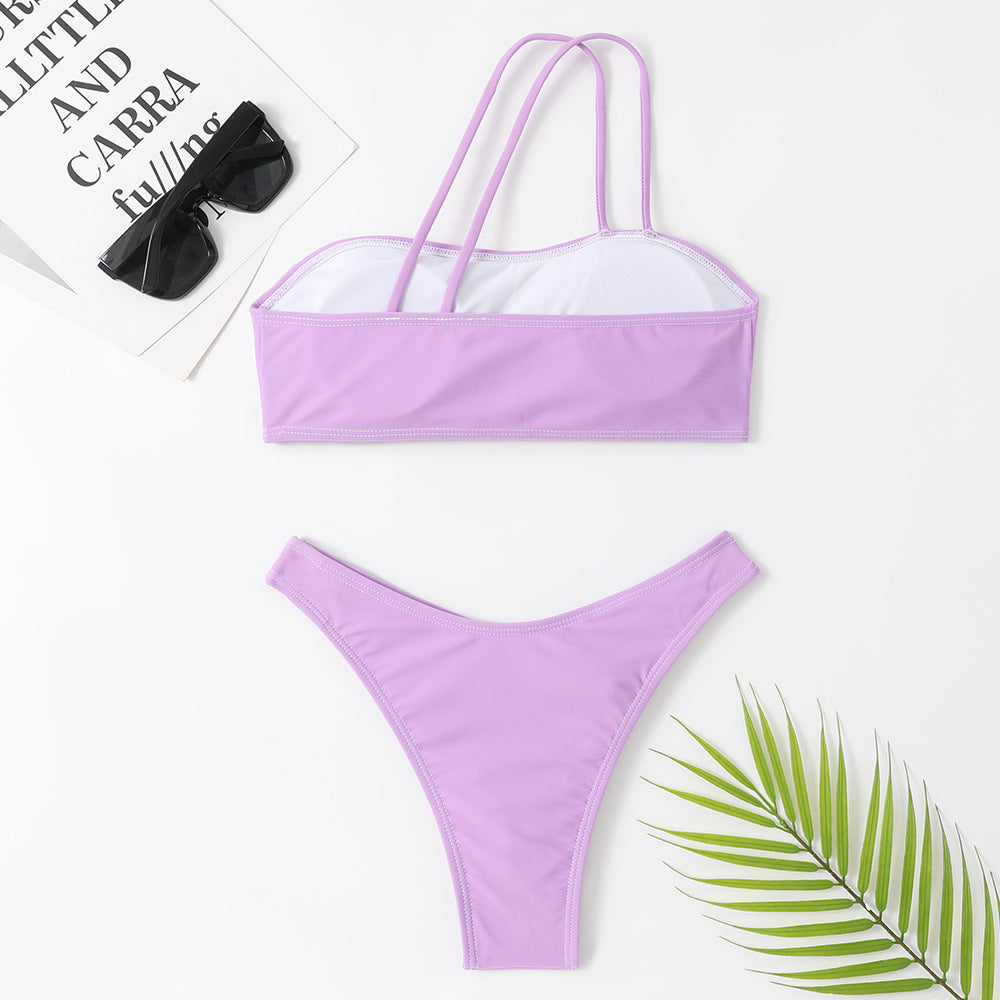 Women One Shoulder Swimwear Two Pieces Solid Color Bikini Set
