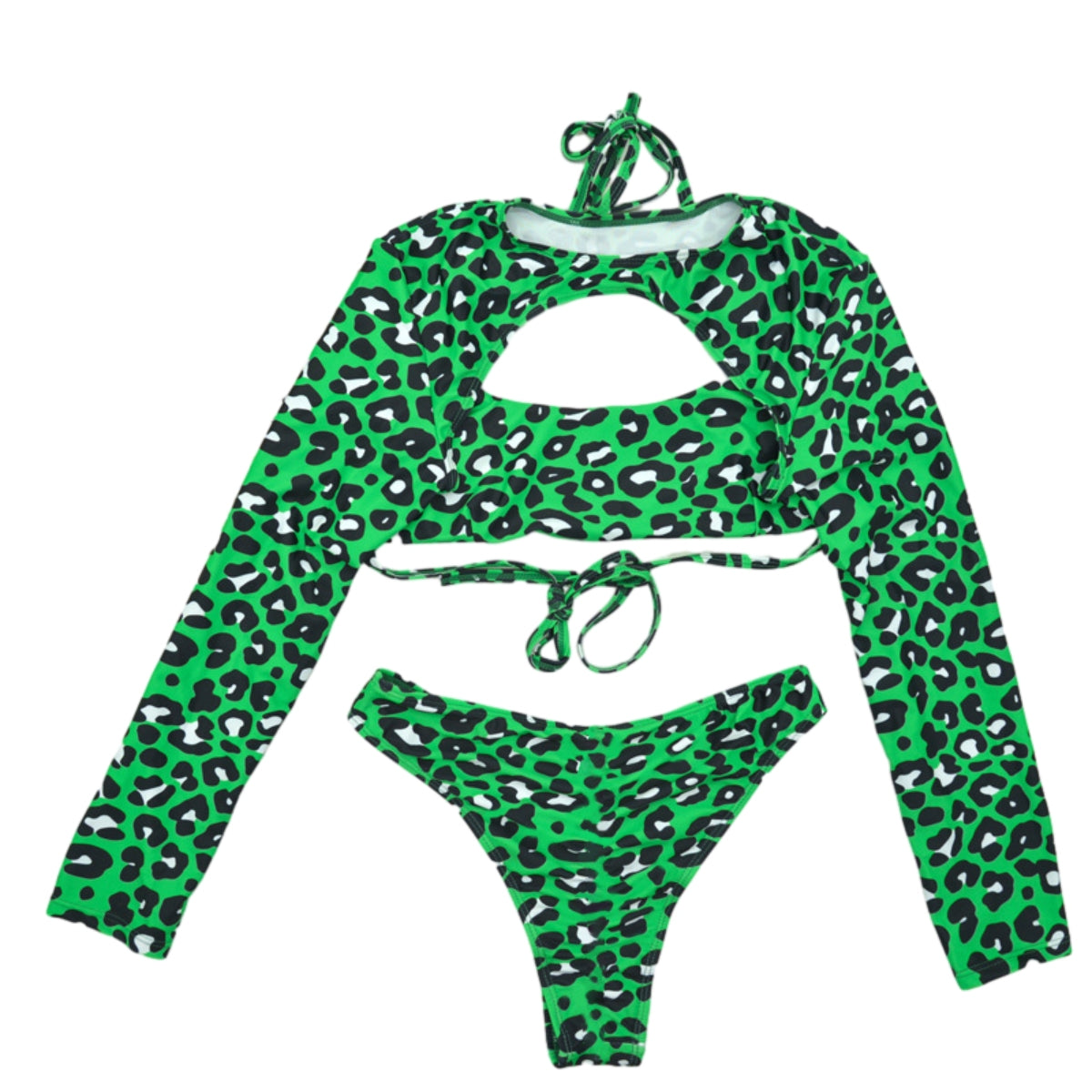 Three-piece Sexy Green Leopard Print Long-sleeved Swim Suit