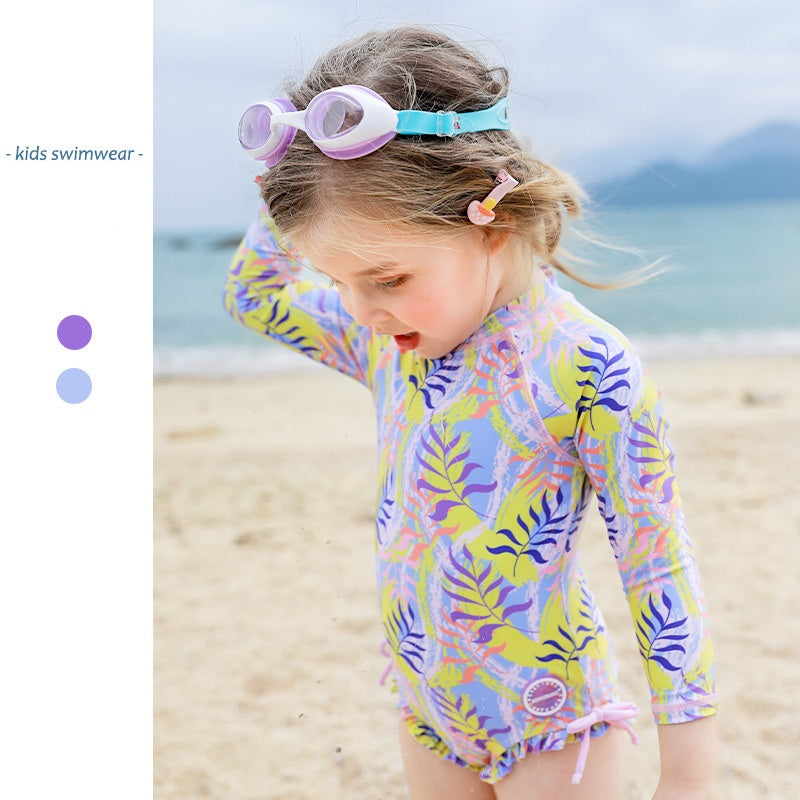 One piece girls Long-sleeved printed swimsuit