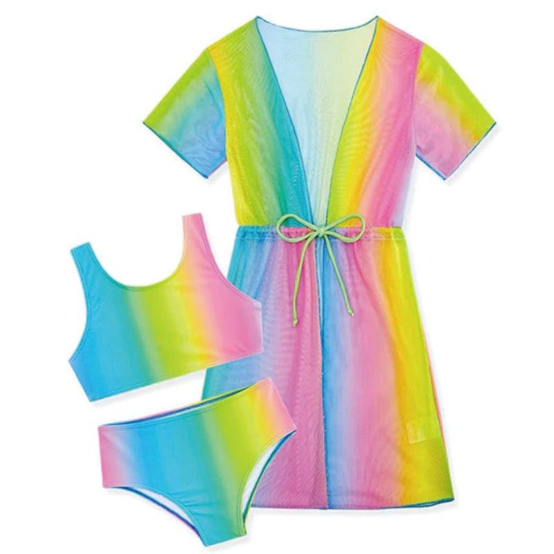 Three pieces girls swimwear fashion colorful swimwear with coverup