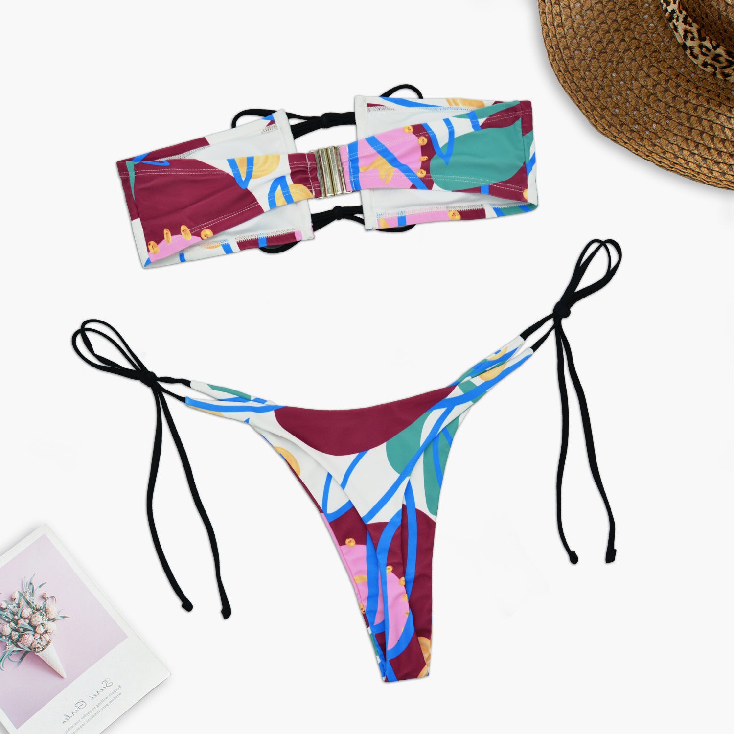 2 Pieces Bandeau Bikini Set Strapless Print Women Swimwear