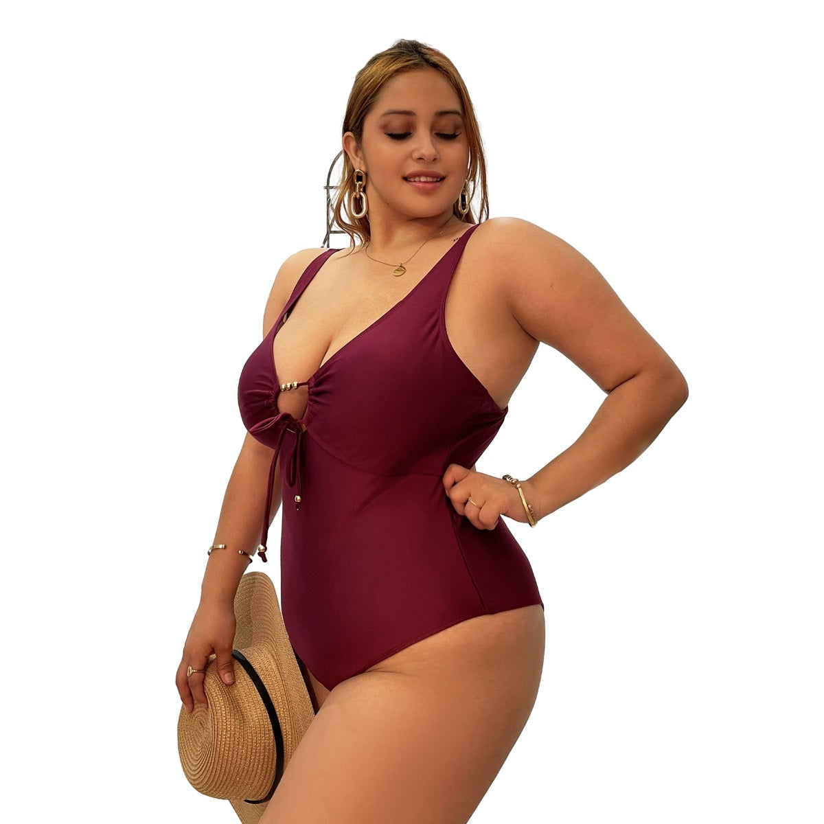 Plus Size Tie Bodysuit cutout Deep V Swimwear