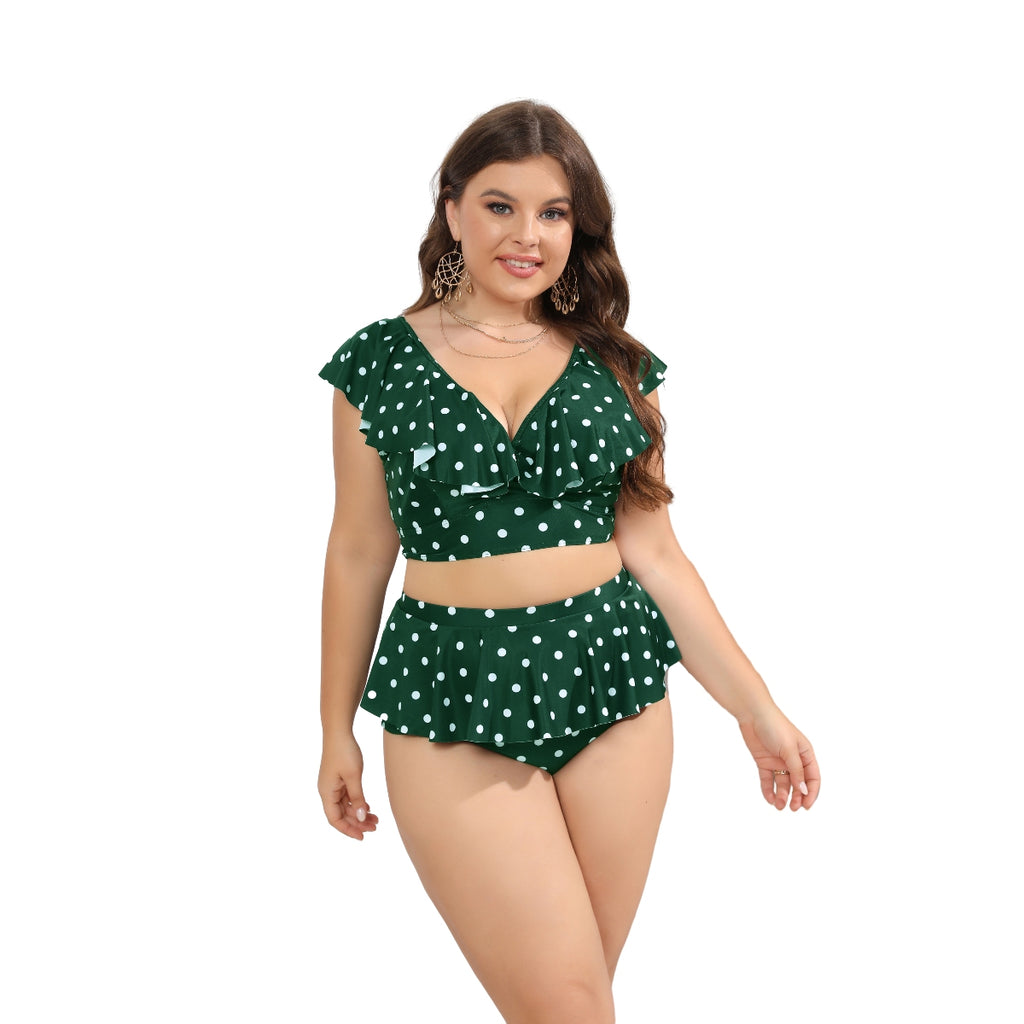 Two-piece V-Neck Ruffle Wave Point Women Plus Size Bikinis