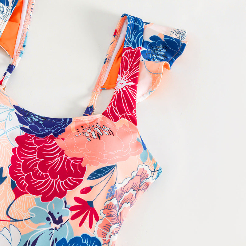 Fashion Floral Print Ruffle Swimming Suit