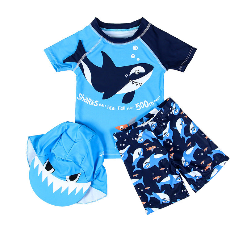 3Pc Cute Cartoon Shark Boys Swimwear Bathing Suit Set
