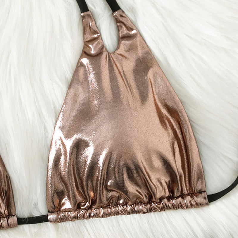 PU Leather Strappy V-Neck Top & Cutout Bikini Set