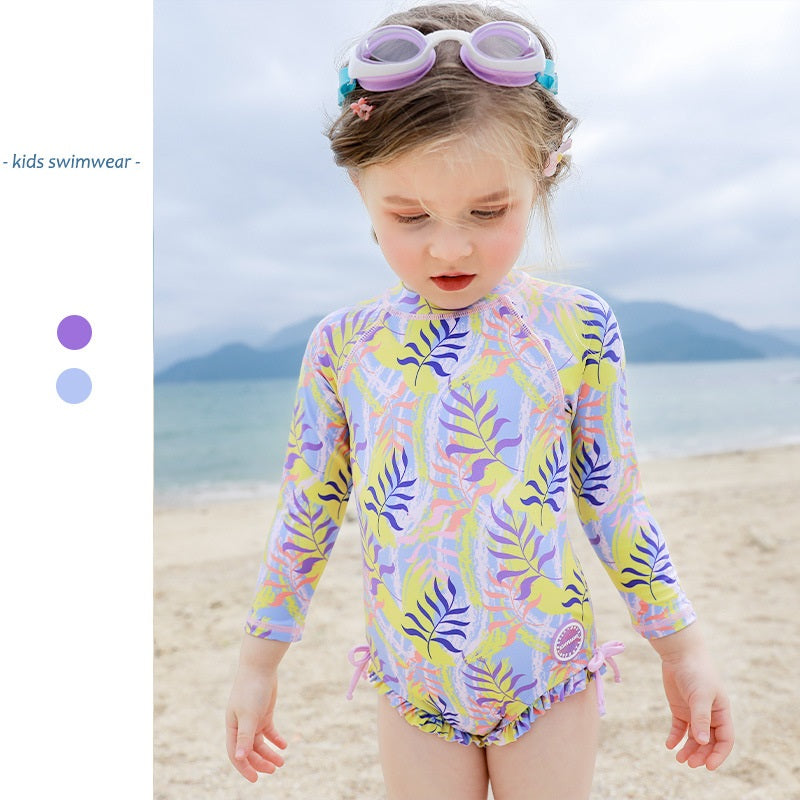 One piece girls Long-sleeved printed swimsuit