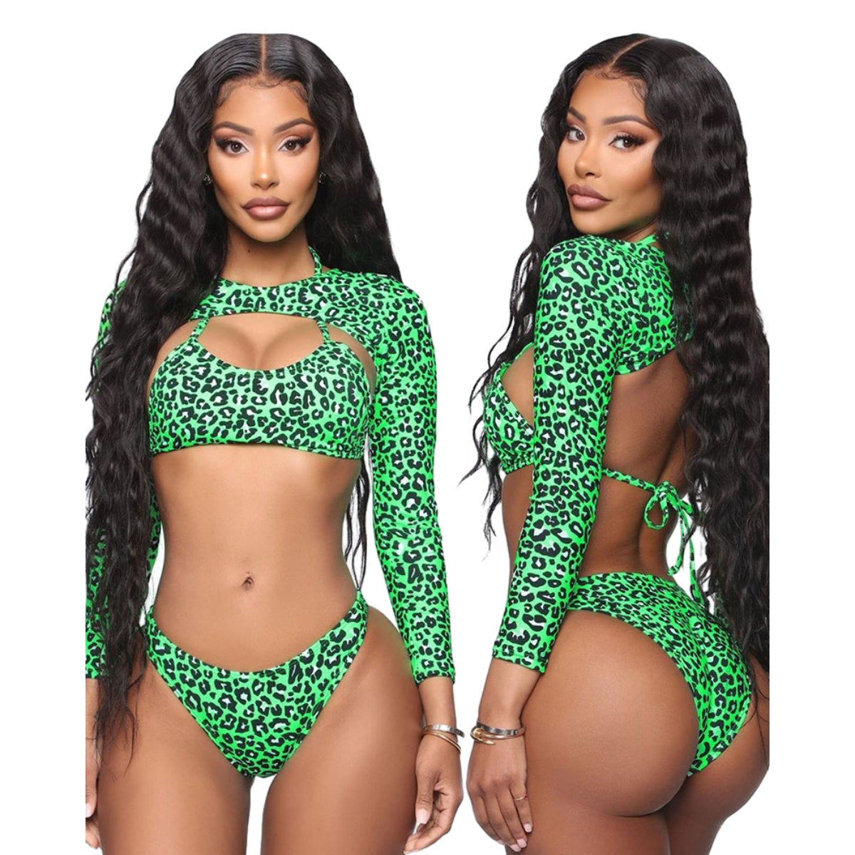 Three-piece Sexy Green Leopard Print Long-sleeved Swim Suit