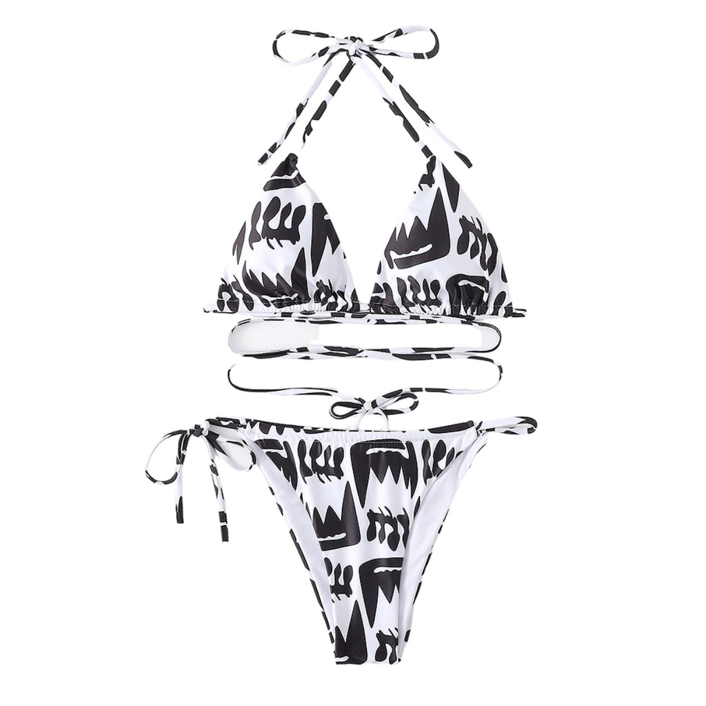 Halter Neck Bathing Suits Two-pieces Print Bikini Set Triangle