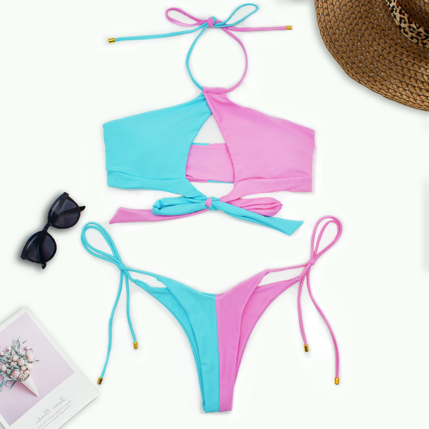 Two Pieces Patchwork Women Lace-up Bikini