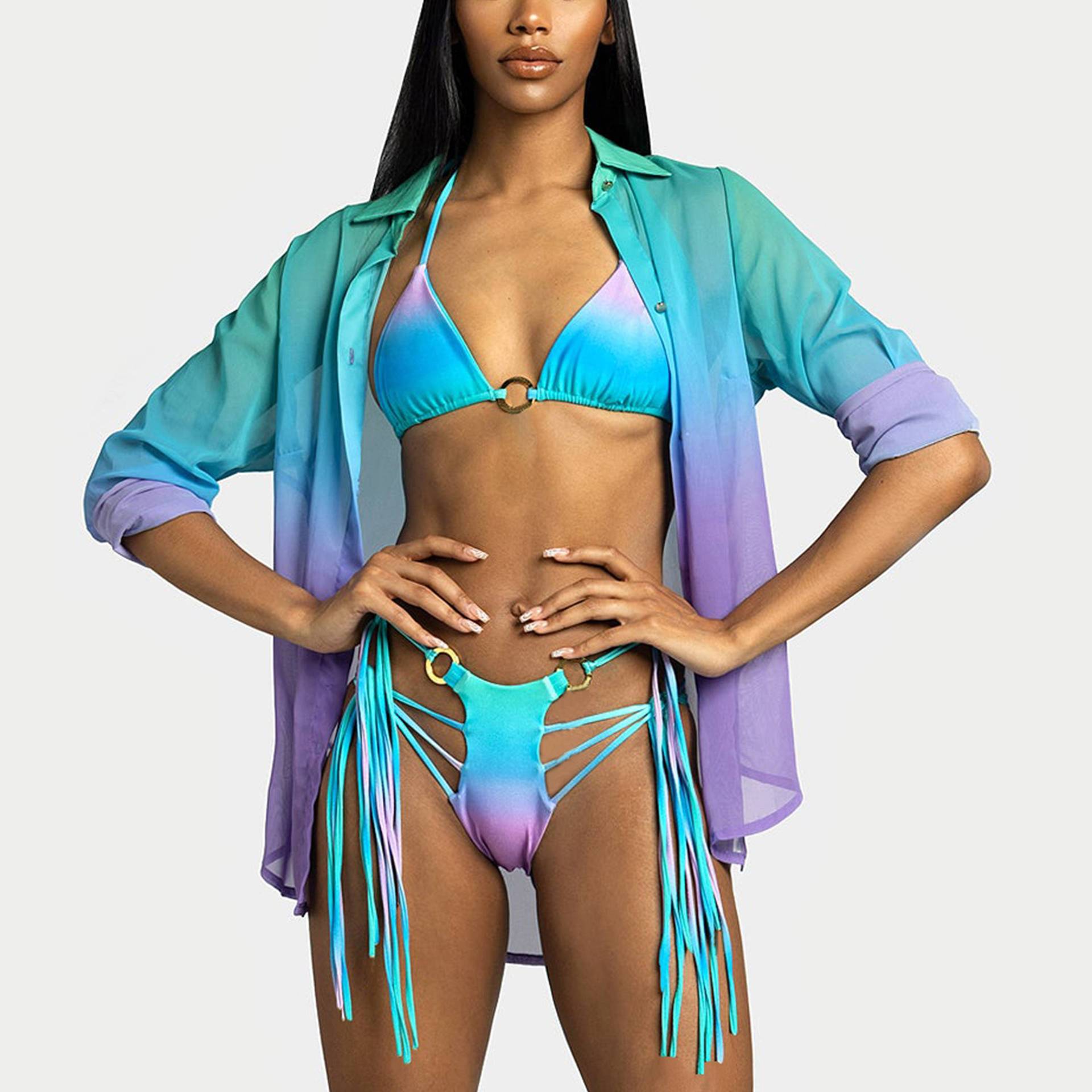 Two-Piece Sexy Print Tassels Lace Up Swimsuit