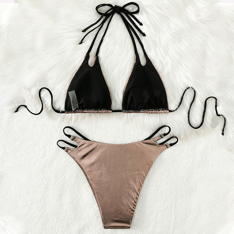 PU Leather Strappy V-Neck Top & Cutout Bikini Set