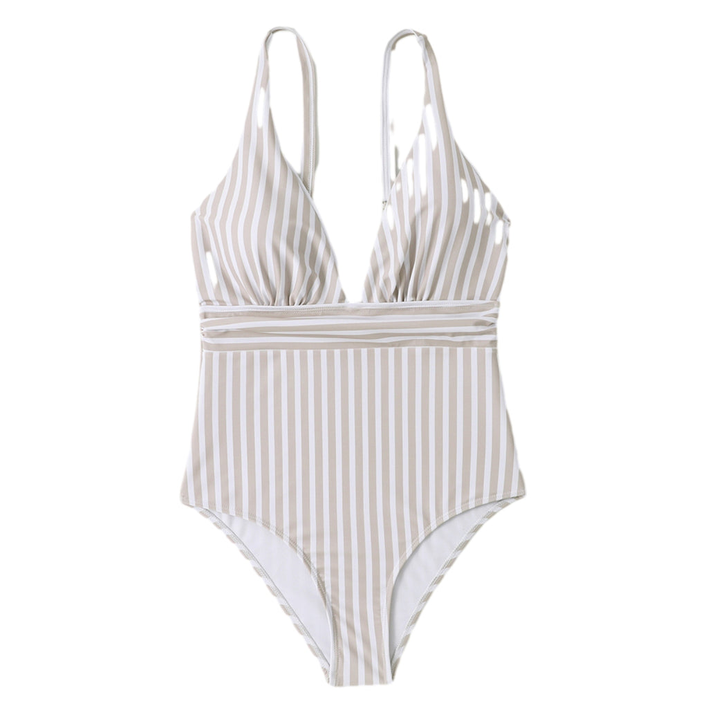 Women One Piece Swimwear Sexy V Neck Striped Women Swimsuit