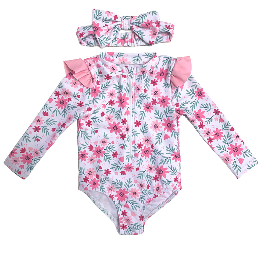 Girls One Piece Swimwear With Head Band AOP Print Kids Beachwear Long Sleeves SwimSuit