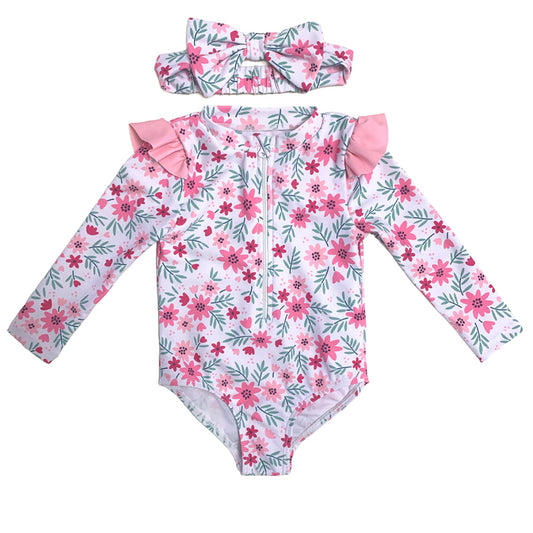 Girls One Piece Swimwear With Head Band AOP Print Kids Beachwear Long Sleeves SwimSuit