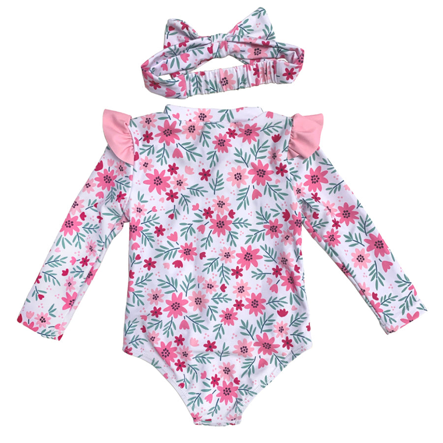 Girls One Piece Swimwear With Head Band AOP Print Kids Beachwear Long Sleeves SwimSuit