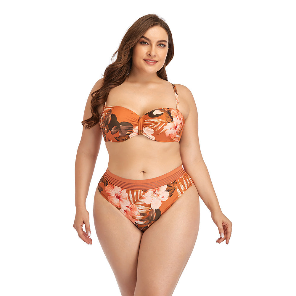 Two Pieces floral print beach swimwear Plus Size High Waisted Swimsuit