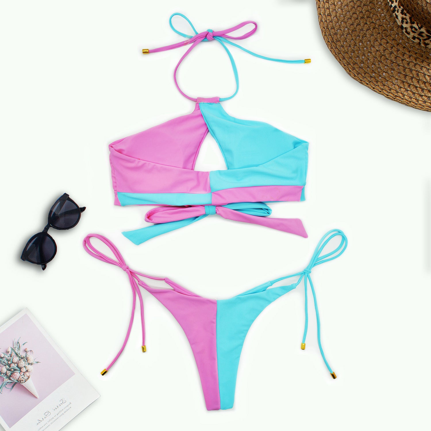 Two Pieces Patchwork Women Lace-up Bikini