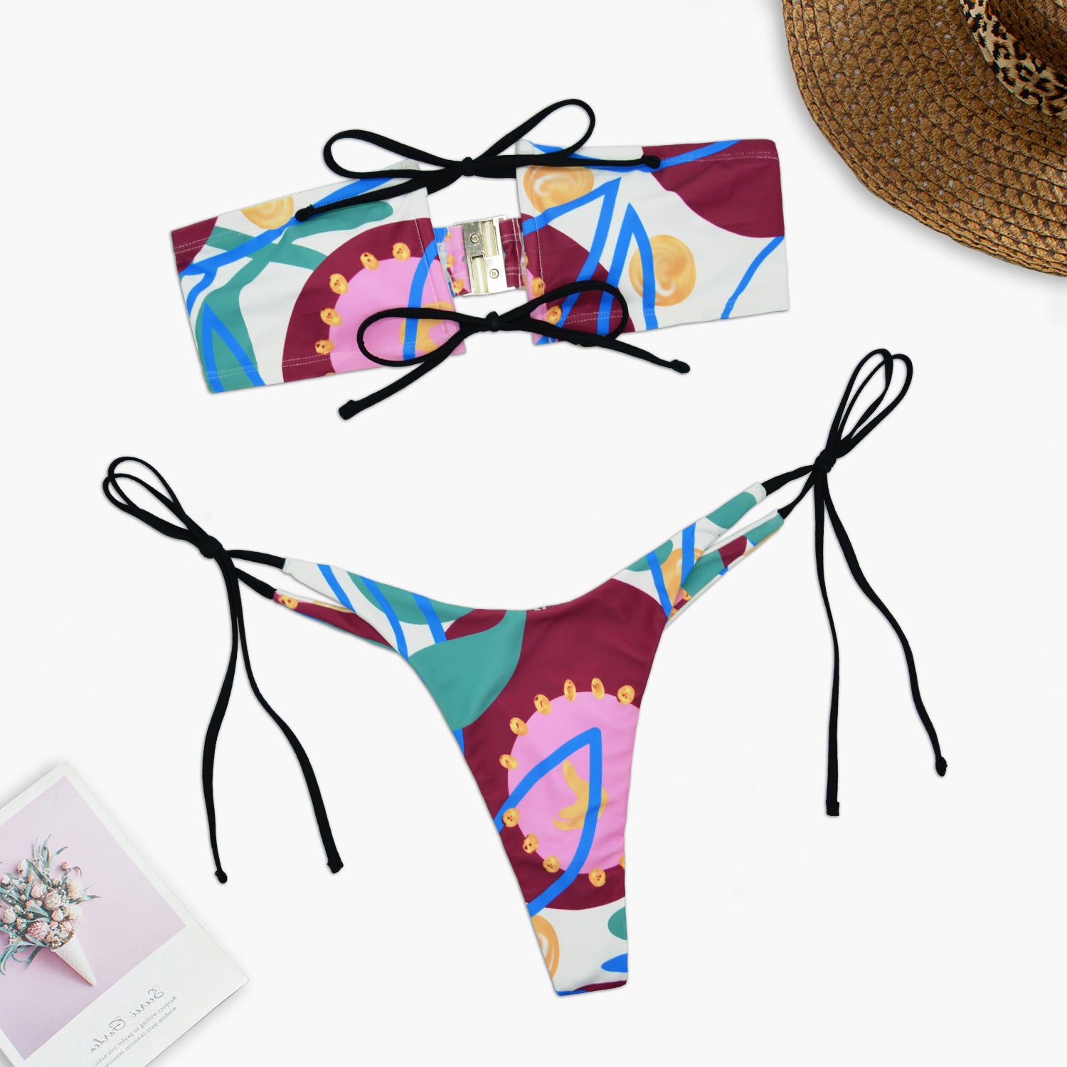 2 Pieces Bandeau Bikini Set Strapless Print Women Swimwear