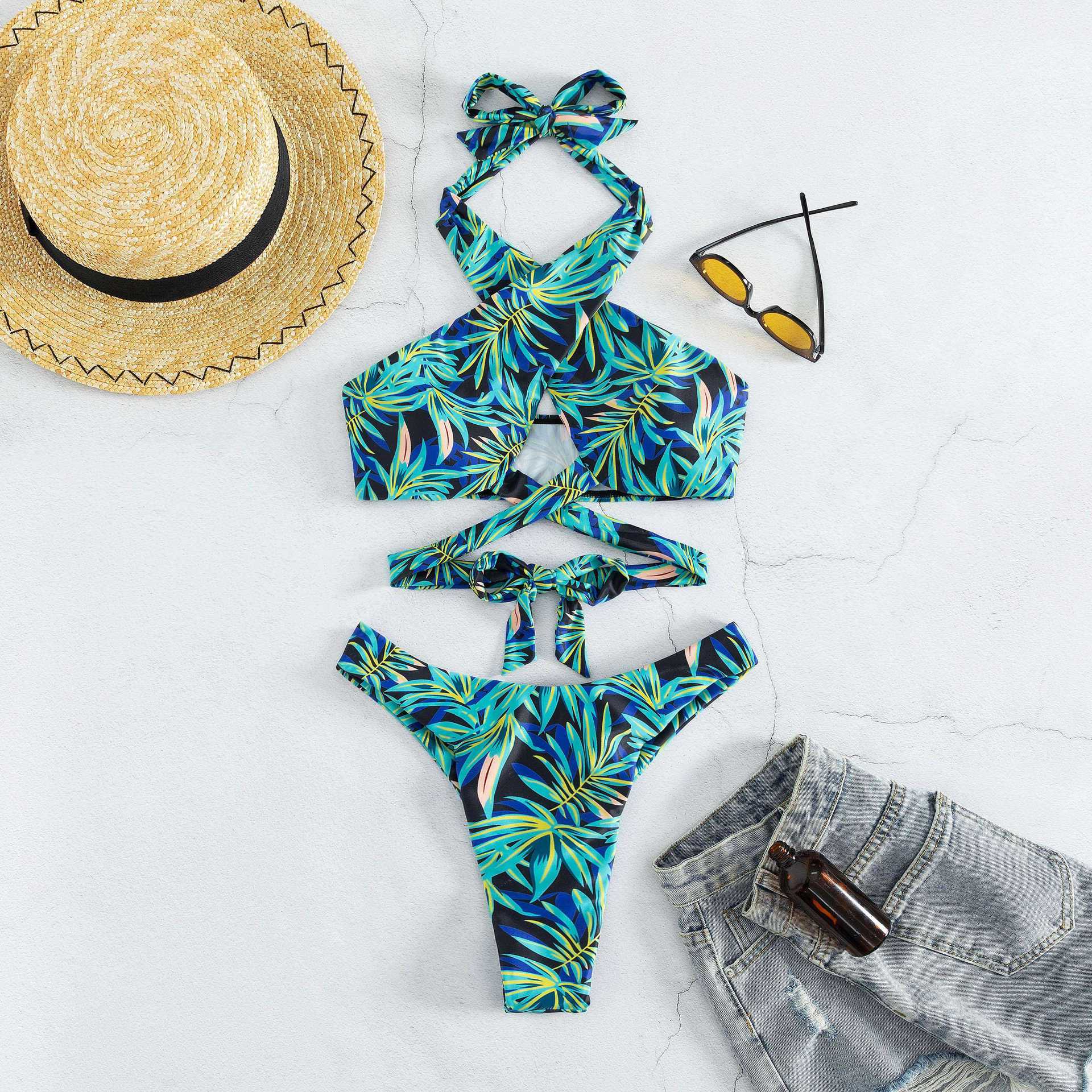 2 Piece Woman Swimsuit High waist Halter Thong Bikini Set