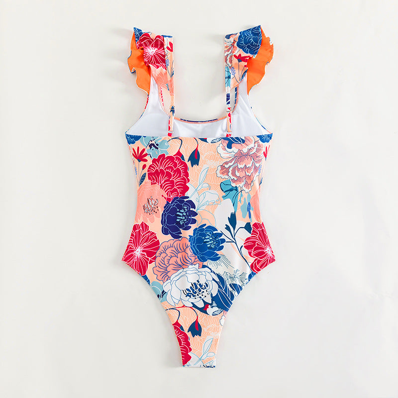 Fashion Floral Print Ruffle Swimming Suit