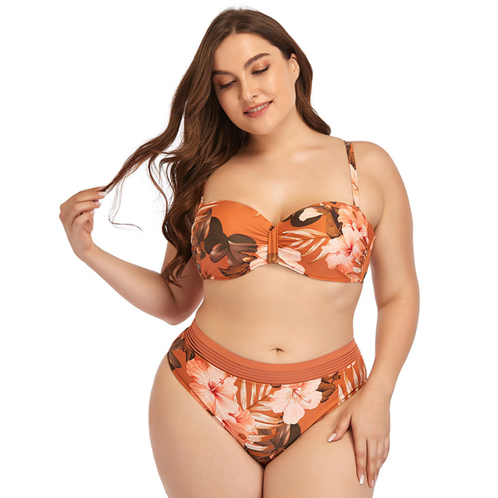 Two Pieces floral print beach swimwear Plus Size High Waisted Swimsuit