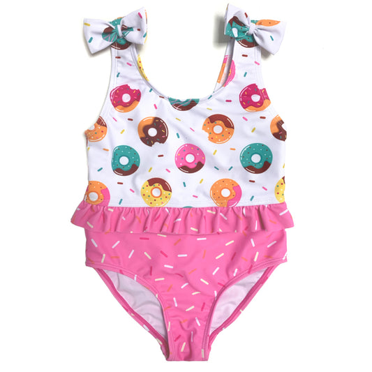 Girls cute One Piece swimwear Kids pink Swimming suit with knot