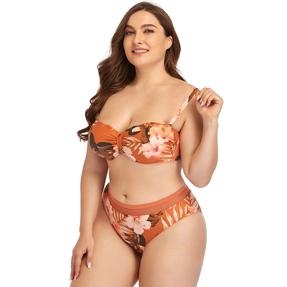 Two Pieces floral print beach swimwear Plus Size High Waisted Swimsuit