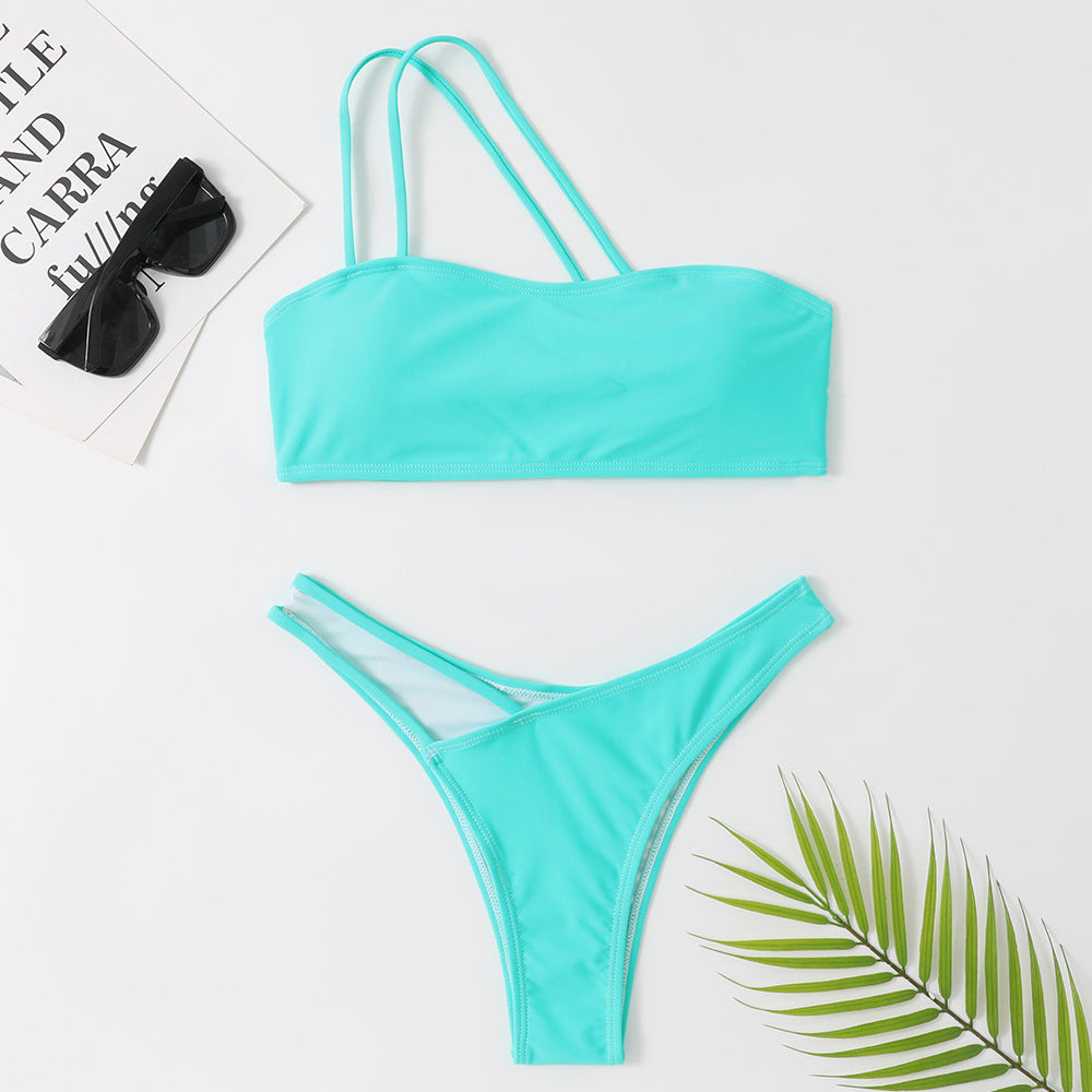 Women One Shoulder Swimwear Two Pieces Solid Color Bikini Set