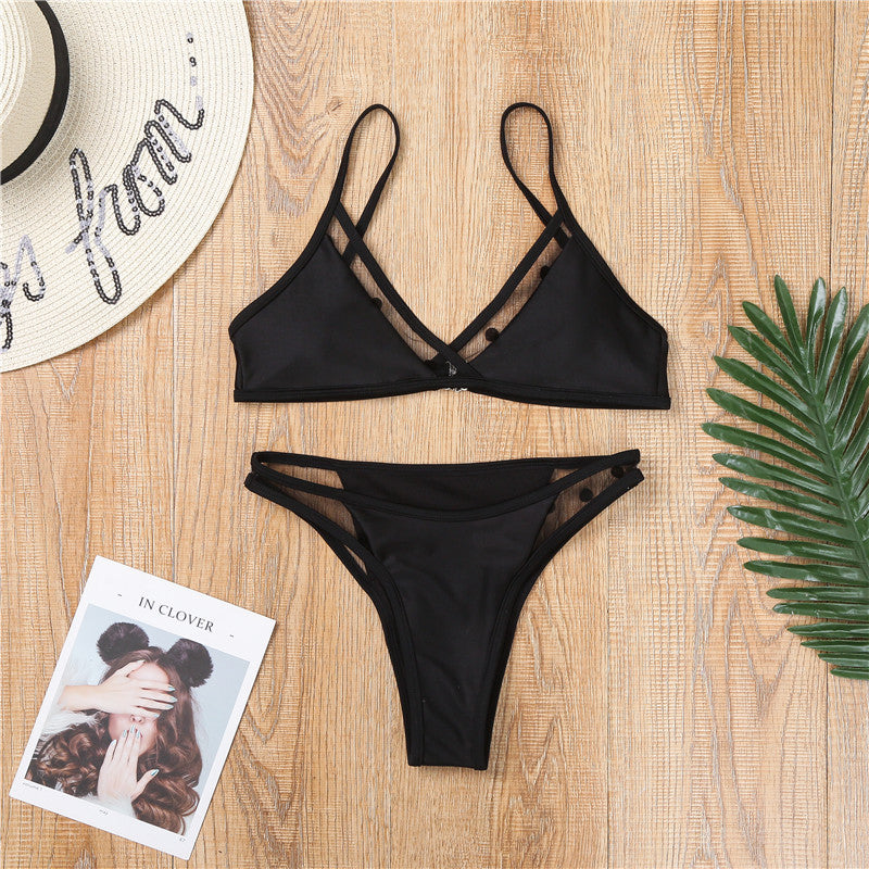 2 Pieces Sexy Bikini Set Mid Waist Mesh Hollow Bikini Bathing Suit