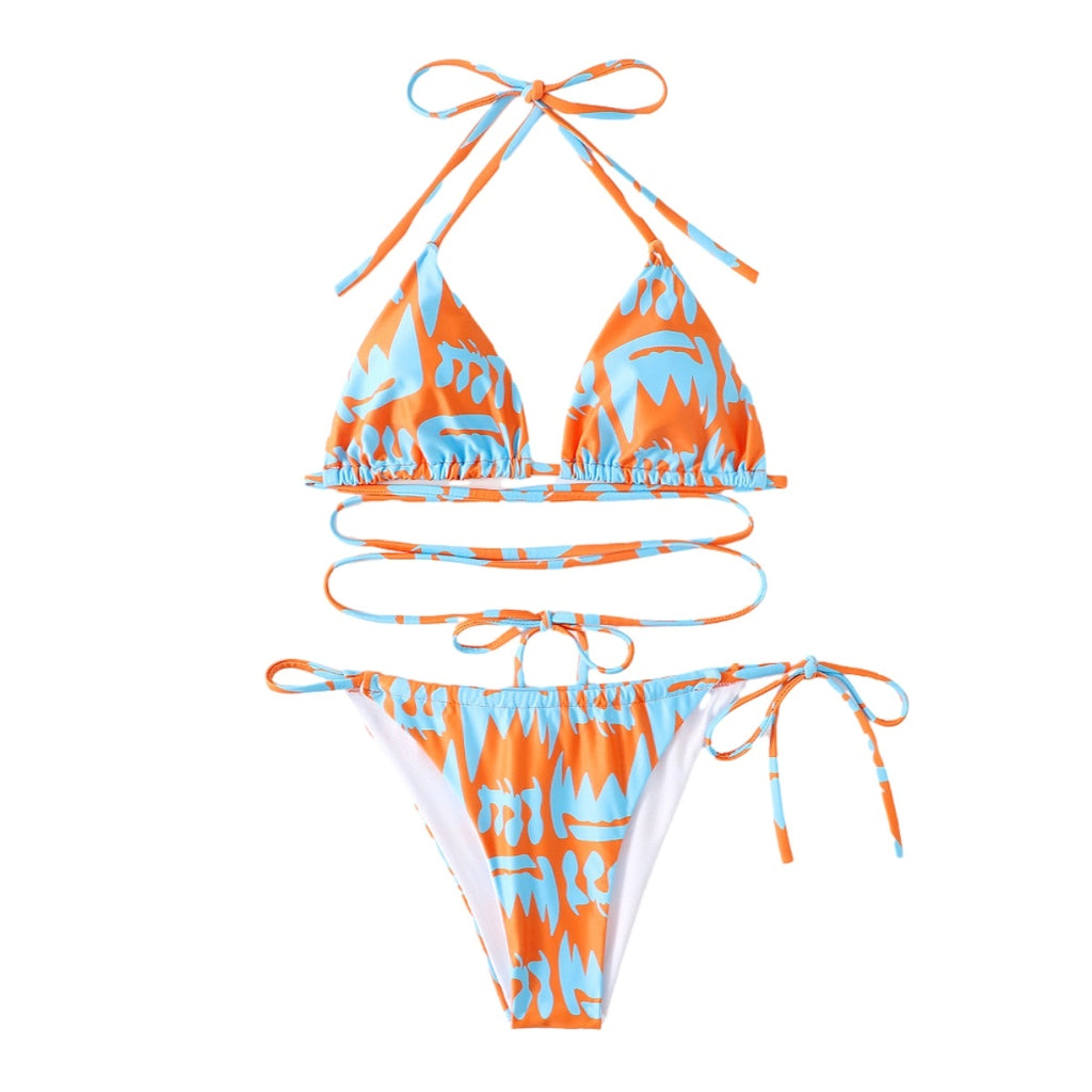 Halter Neck Bathing Suits Two-pieces Print Bikini Set Triangle