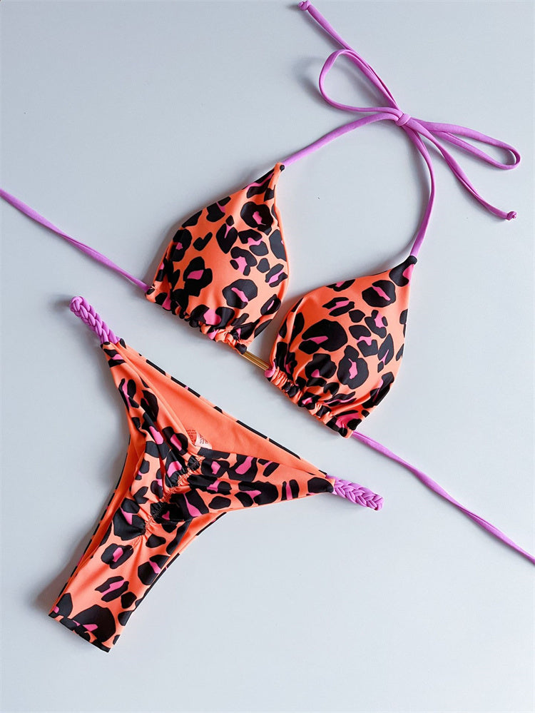 Sexy Leopard Micro Bikini Thong Bikinis Set Brazilian Halter Beach Wear