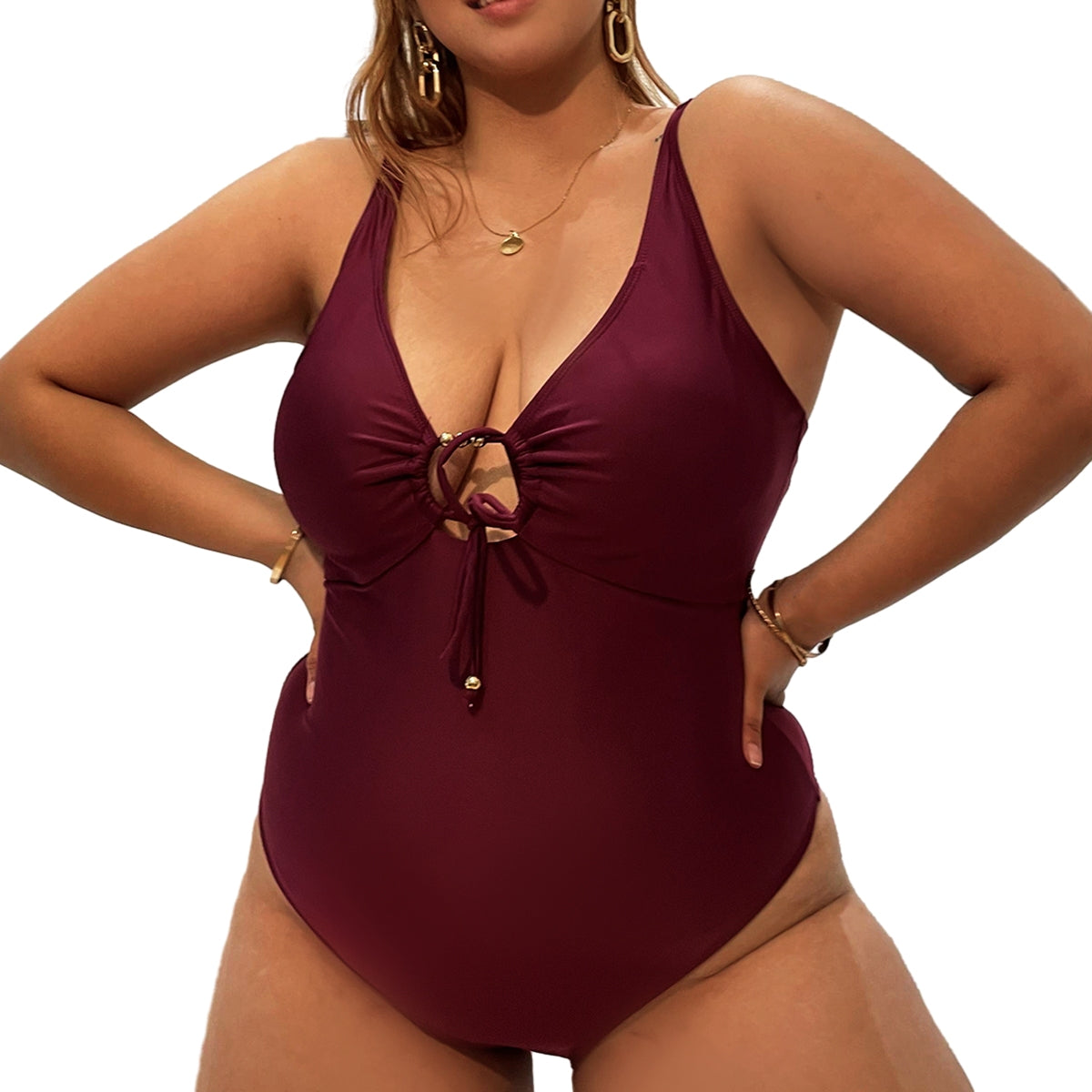 Plus Size Tie Bodysuit cutout Deep V Swimwear