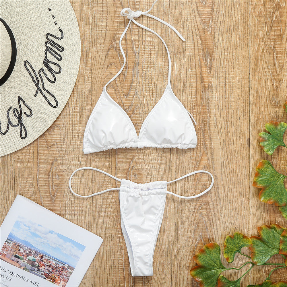 New bright leather fabric solid color triangle cup sexy strap thong bikini