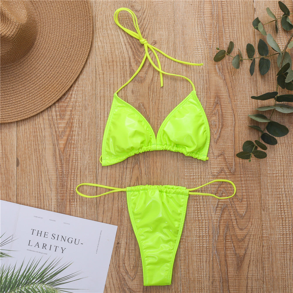 New bright leather fabric solid color triangle cup sexy strap thong bikini
