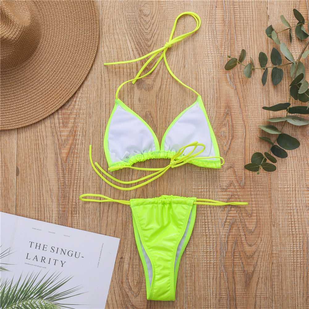New bright leather fabric solid color triangle cup sexy strap thong bikini