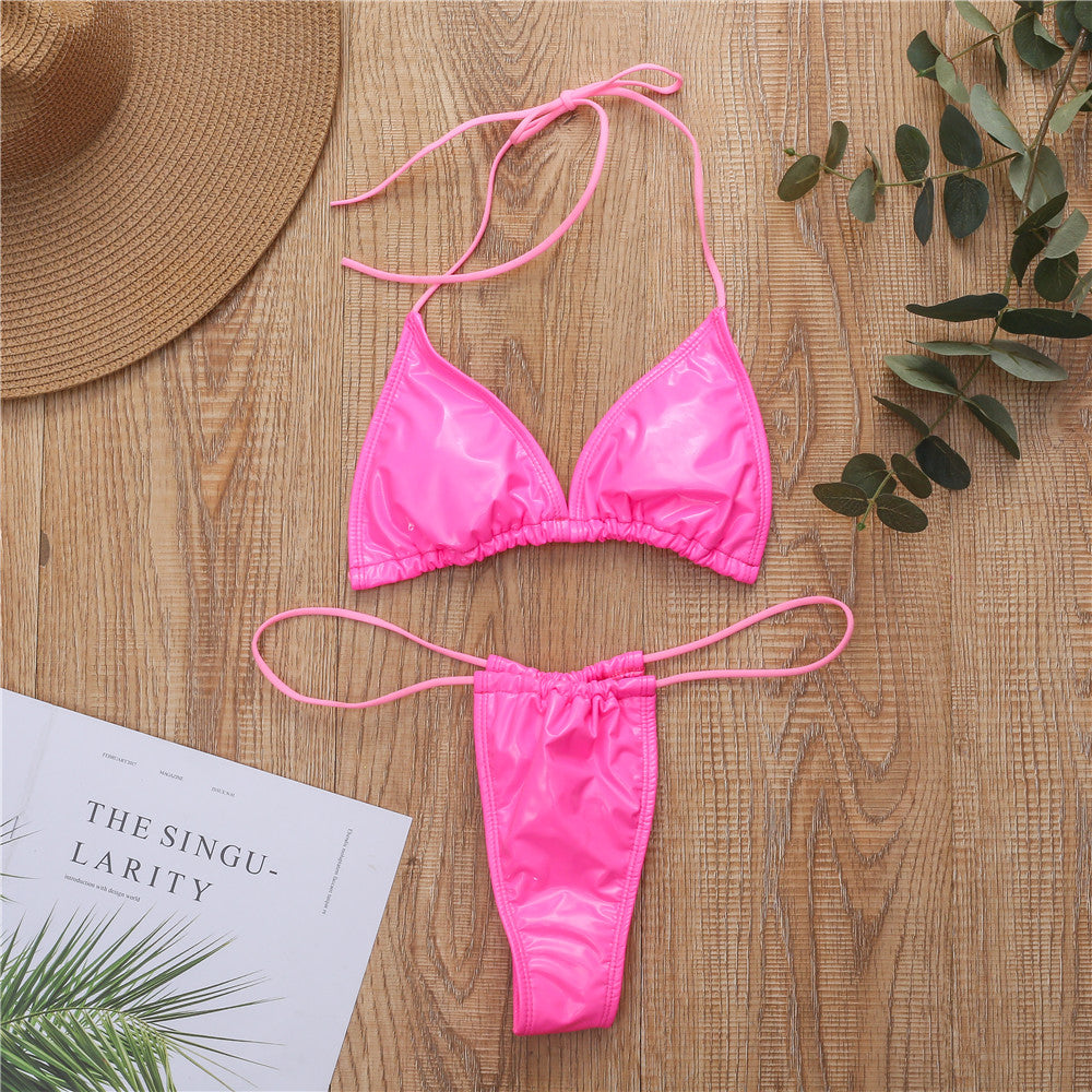 New bright leather fabric solid color triangle cup sexy strap thong bikini