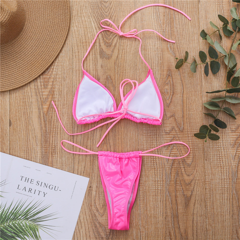 New bright leather fabric solid color triangle cup sexy strap thong bikini