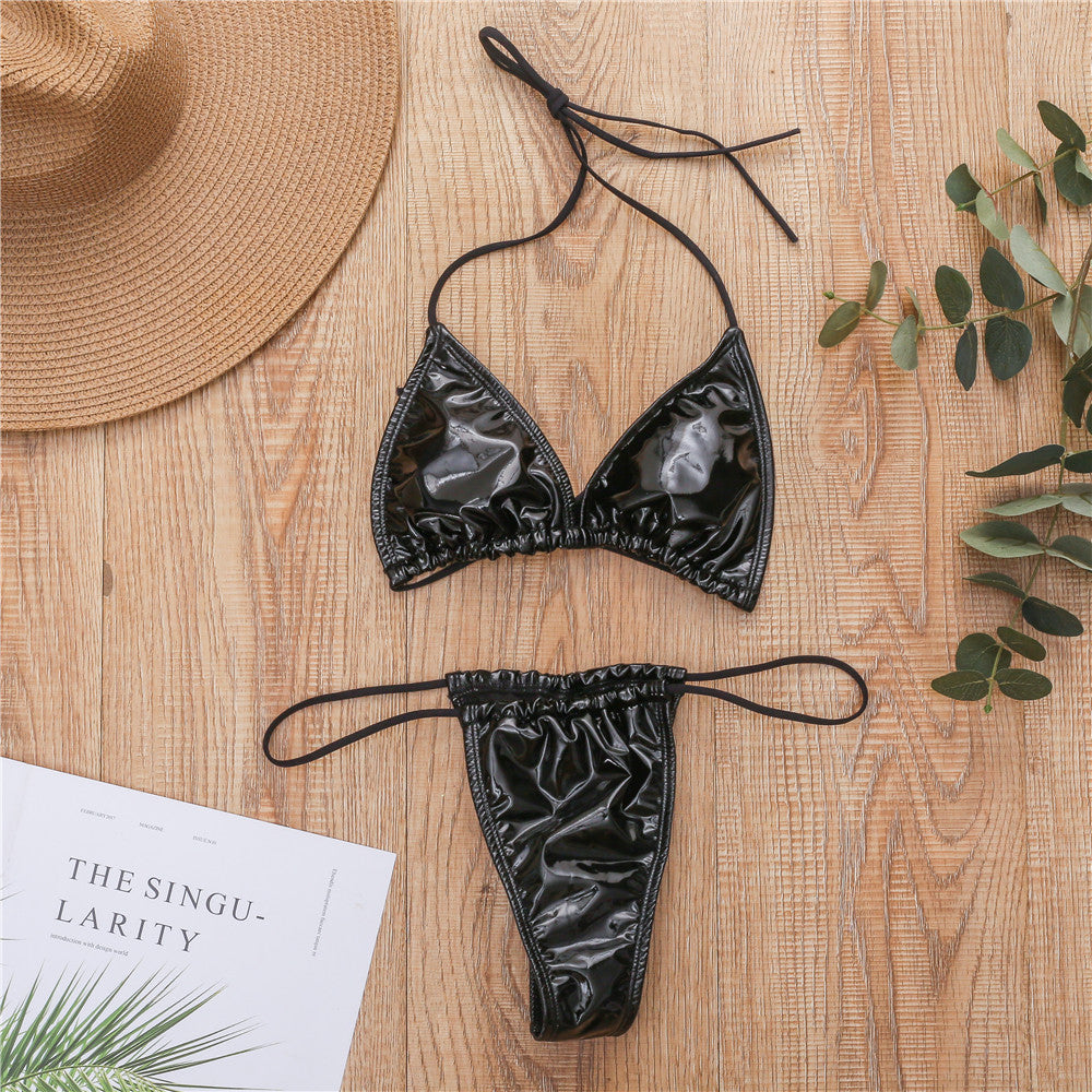 New bright leather fabric solid color triangle cup sexy strap thong bikini