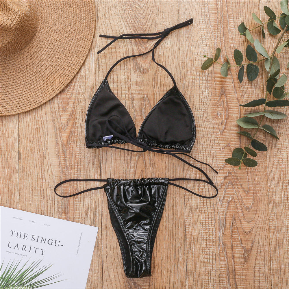 New bright leather fabric solid color triangle cup sexy strap thong bikini